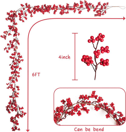 TETOU 5.9ft Christmas Garland Red Berry with Lights Artificial Garland for Indoor Mantle Staircase Home Xmas Decoration