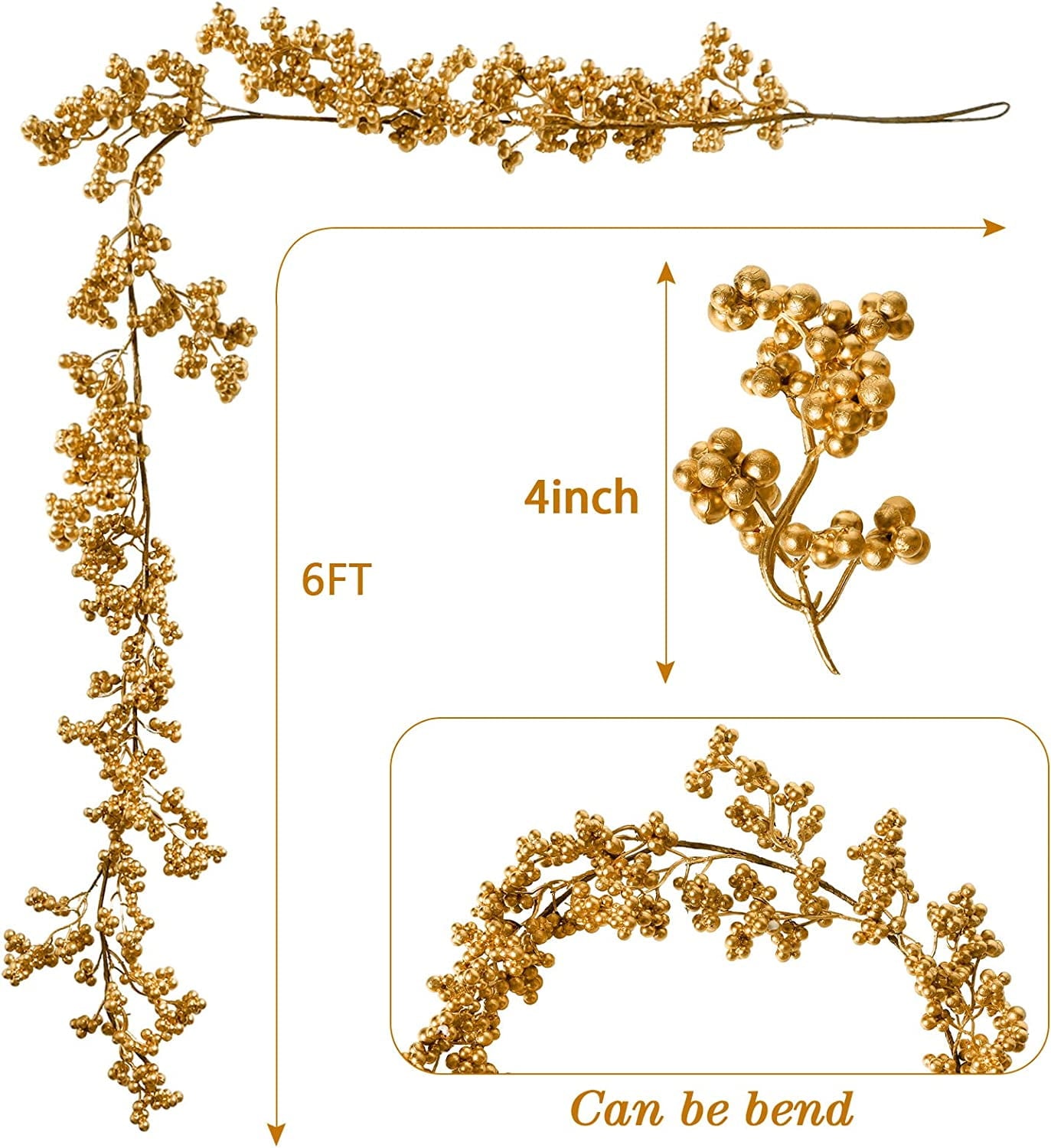 TETOU 5.9ft Christmas Garland Gold Berry with Light Indoor Artificial Garland Decoration