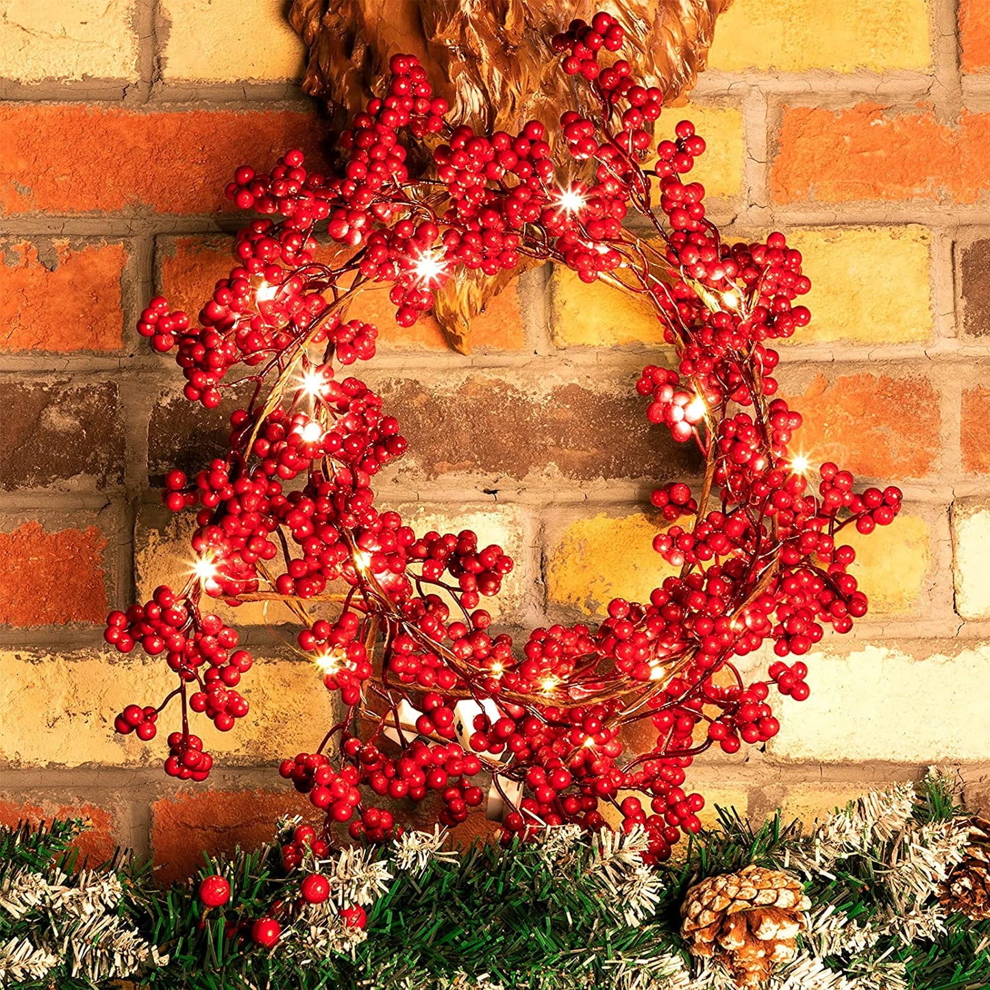 TETOU 5.9ft Christmas Garland Red Berry with Lights Artificial Garland for Indoor Mantle Staircase Home Xmas Decoration