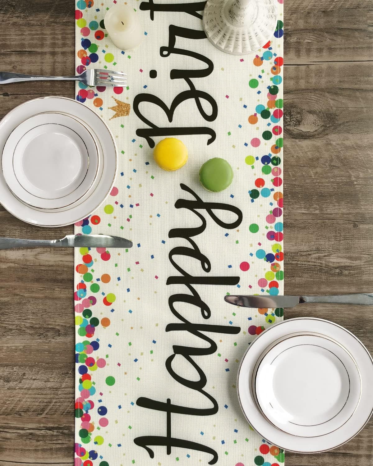 TETOU Happy Birthday Table Runner 72" White Linen Table Runner Placemats for Celebrate Birthday Party Supplies Table Decoration