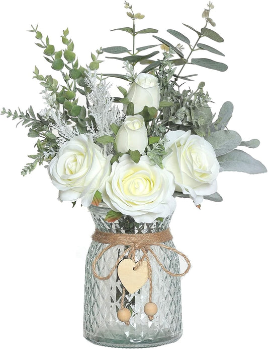 TETOU 14.5*11" Fake Flowers with Vase, Artificial Silk Roses in Vase, Fake Plant Eucalyptus Flower for Home Office Farmhouse Bathroom Dining Table Centerpiece Coffee Table Decor - White