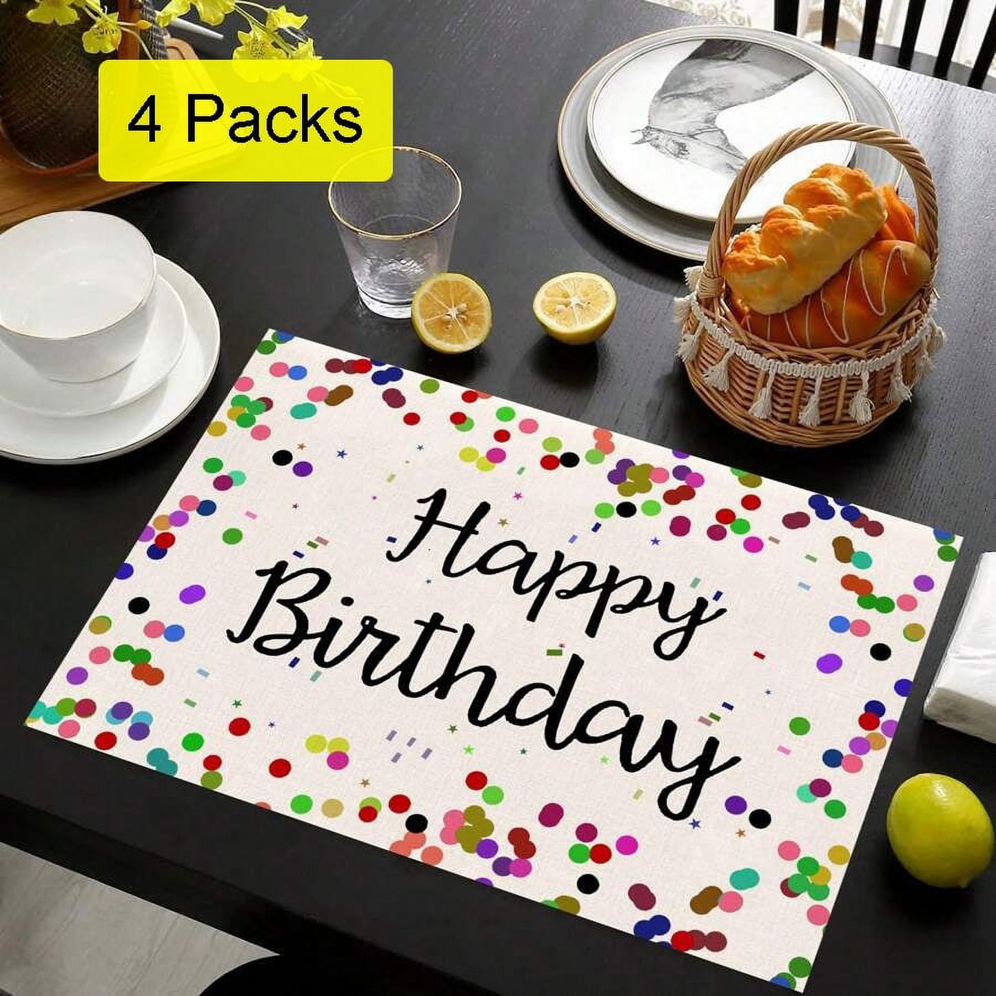 TETOU Happy Birthday Table Runner 72" White Linen Table Runner Placemats for Celebrate Birthday Party Supplies Table Decoration