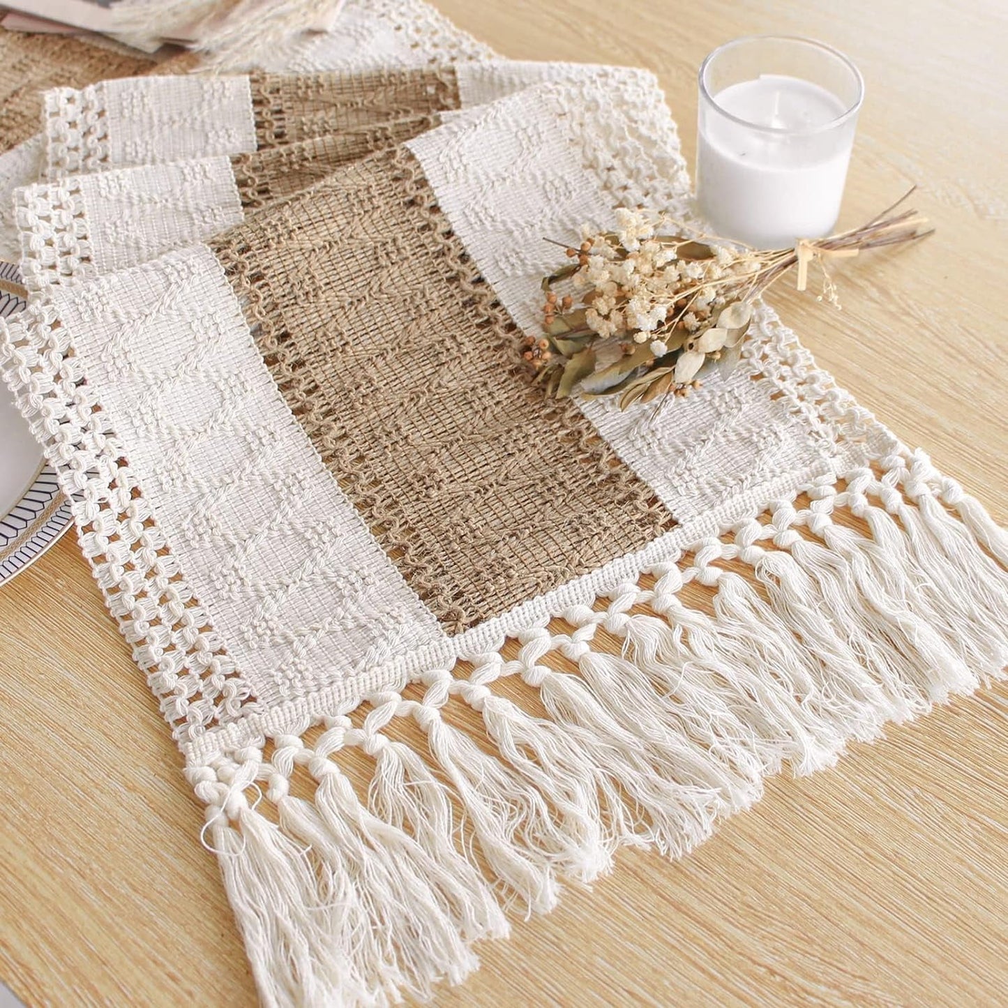 TETOU Linen Tassel Table Runner 72 Inches Long Farmhouse Rustic Table Runner Cream & Brown Macrame Table Runner with Tassels for Wedding Afternoon Tea Party