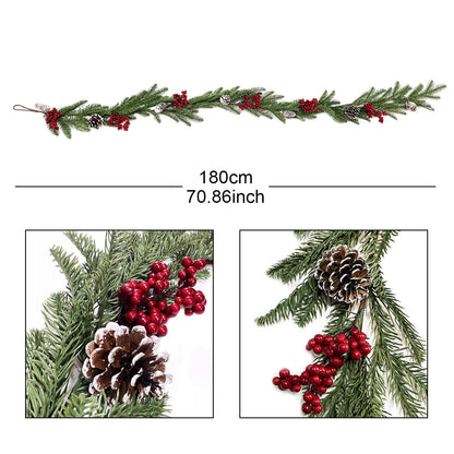 TETOU 5.9ft Christmas Artificial Norfolk Green Pine Berries Clusters Pinecones Garland Christmas Collection Home Decor