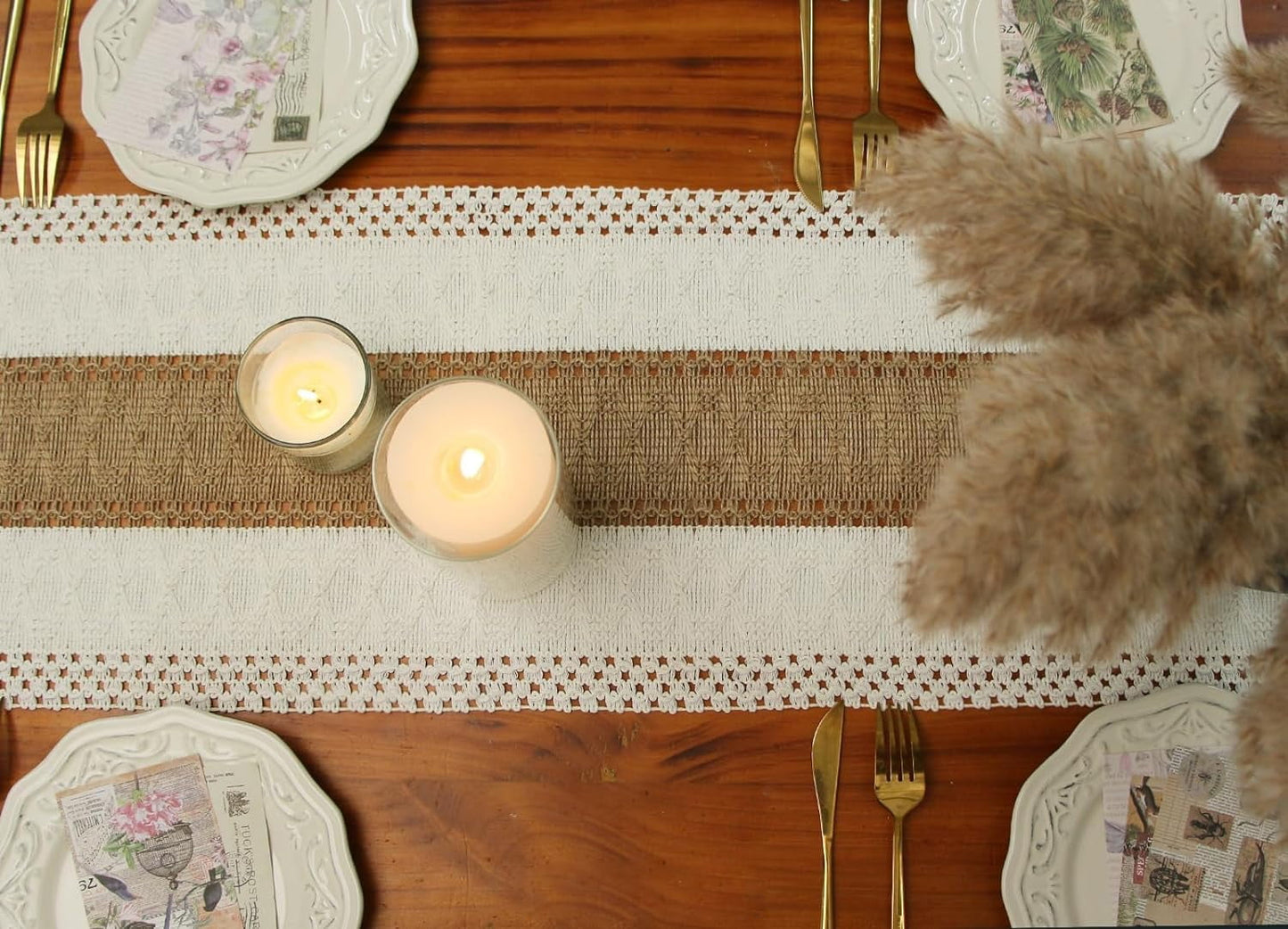 TETOU Linen Tassel Table Runner 72 Inches Long Farmhouse Rustic Table Runner Cream & Brown Macrame Table Runner with Tassels for Wedding Afternoon Tea Party