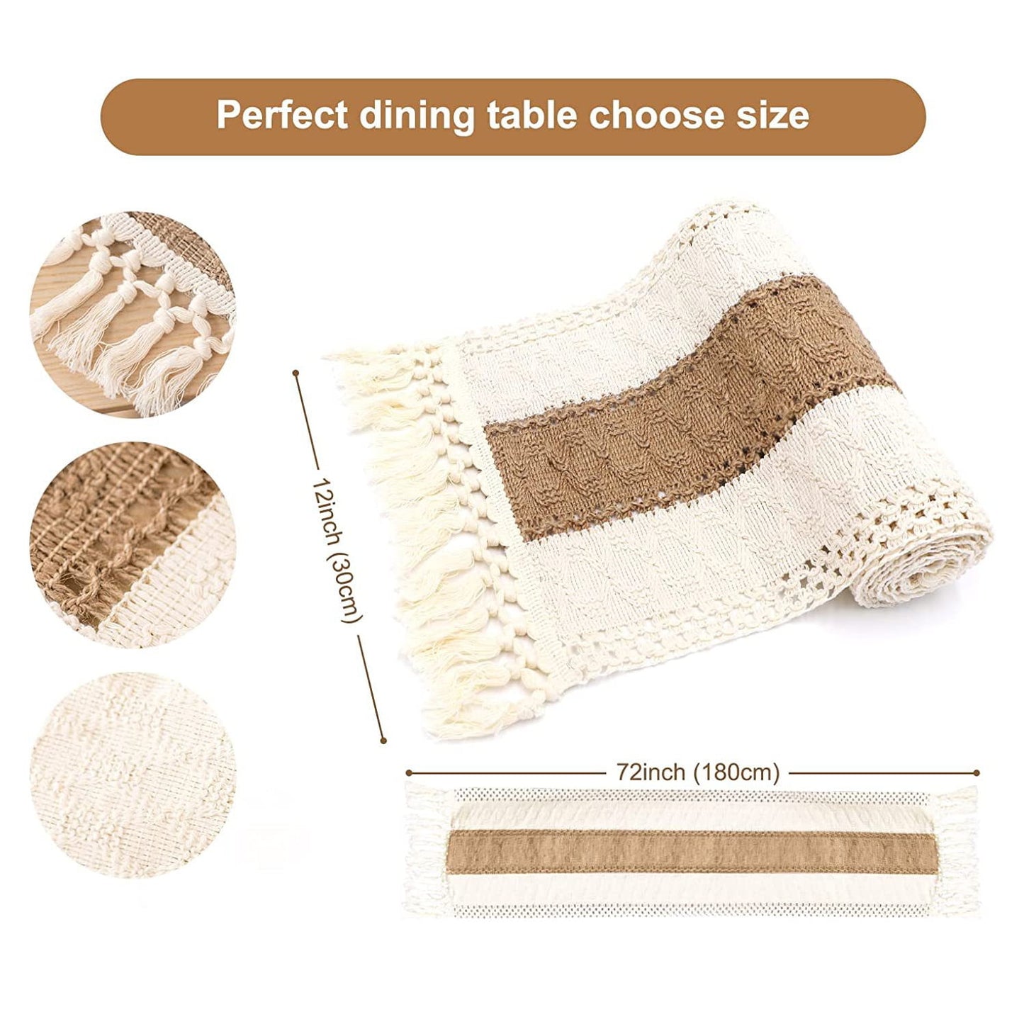 TETOU Linen Tassel Table Runner 72 Inches Long Farmhouse Rustic Table Runner Cream & Brown Macrame Table Runner with Tassels for Wedding Afternoon Tea Party